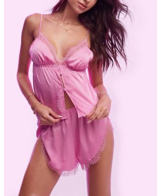 ASOS DESIGN satin button cami & shorts pyjama set with lace trim in bright pink