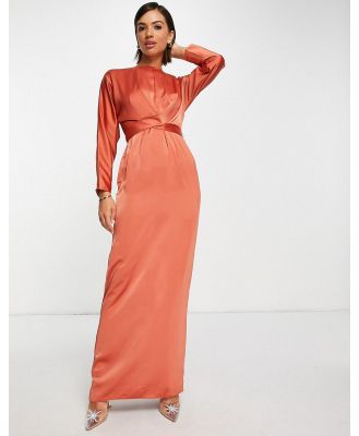 ASOS DESIGN satin maxi dress with batwing sleeve and wrap waist in rust-Brown
