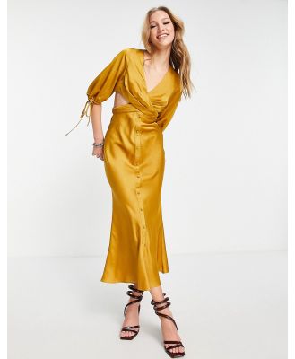 ASOS DESIGN satin midi dress with pleated waist detail and button front-Yellow