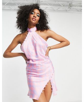 ASOS DESIGN satin mini dress in checkerboard print with rouleaux loop detail-Pink
