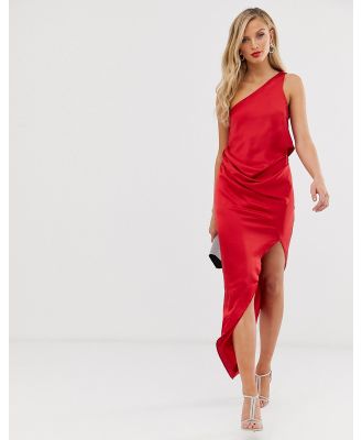 ASOS DESIGN satin one-shoulder drape midi dress in red