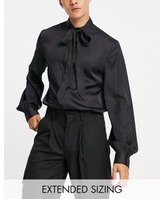 ASOS DESIGN satin shirt with tie neck and blouson volume sleeve-Black