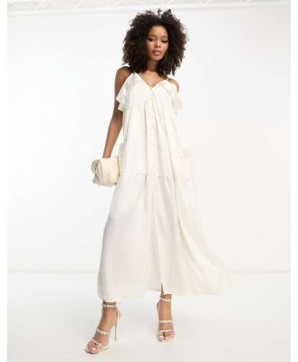 ASOS DESIGN satin strappy smock midi dress with tier hem and button front in ivory-White