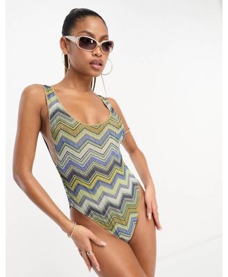 ASOS DESIGN scoop neck swimsuit in glitter zig zag print-Multi