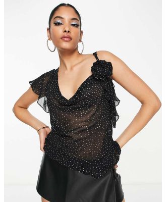 ASOS DESIGN sheer short sleeve top with corsage detail in mono spot-Multi