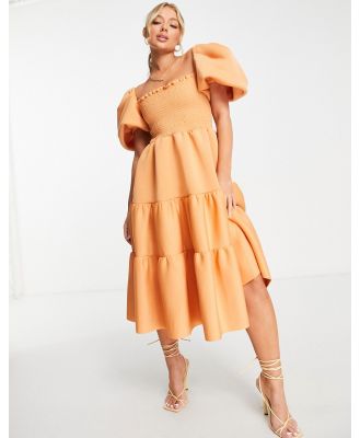 ASOS DESIGN shirred puff sleeve tiered prom midi dress in apricot-Orange
