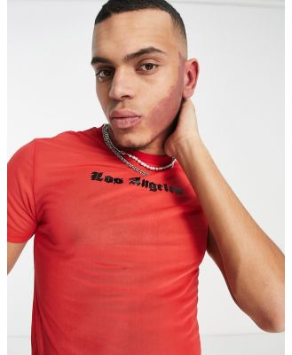 ASOS DESIGN skinny cropped t-shirt in red mesh with Los Angeles city print