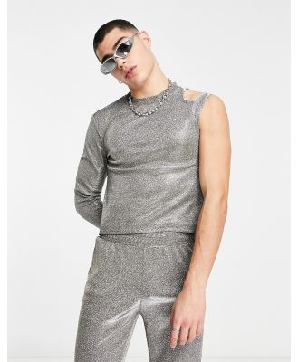 ASOS DESIGN skinny long sleeve t-shirt in glitter fabric with cut out (part of a set)-Silver