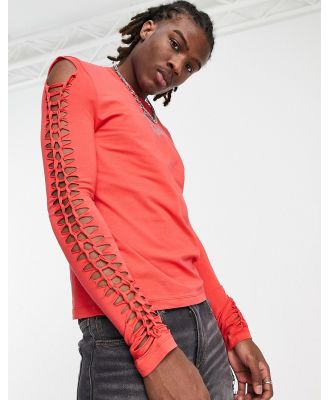 ASOS DESIGN skinny long sleeve t-shirt in red with braided sleeves and studding