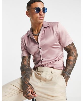 ASOS DESIGN skinny satin shirt with revere collar in dusky pink