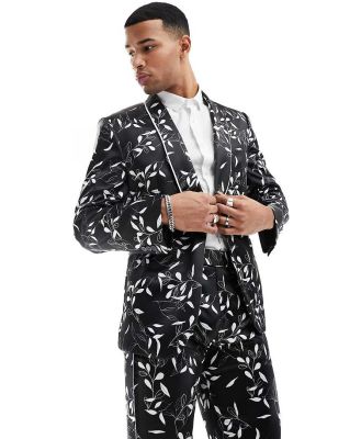 ASOS DESIGN skinny suit jacket in black floral print with white piping