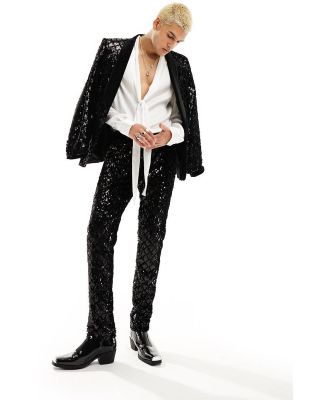 ASOS DESIGN skinny suit pants in sequin diamond velvet in black