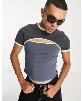 ASOS DESIGN skinny t-shirt in grey colour block with green piping and cut out