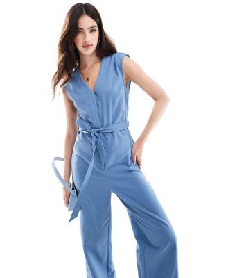 ASOS DESIGN sleeveless linen look jumpsuit with waisted belt in blue-White