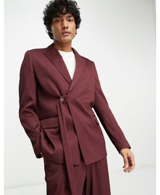 ASOS DESIGN slim belted suit jacket in burgundy plisse-Red