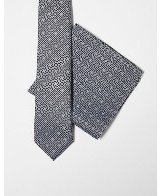 ASOS DESIGN slim tie and pocket square in black and silver retro geo-Multi