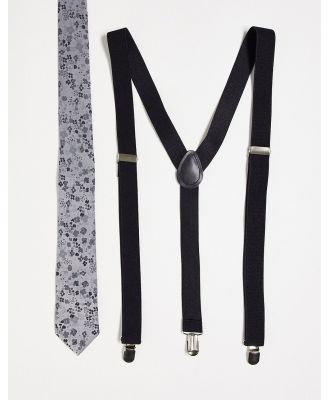 ASOS DESIGN slim tie in silver floral with black braces-Multi