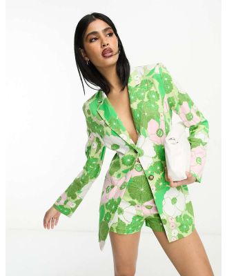 ASOS DESIGN slimline tie back suit blazer with linen in retro floral print-Green