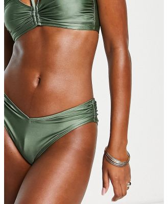 ASOS DESIGN slinky high waist bikini bottoms in khaki-Green