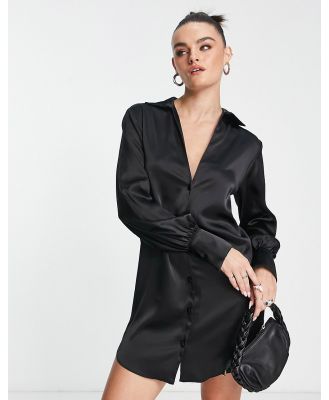 ASOS DESIGN slouchy satin plunge shirt mini dress in black