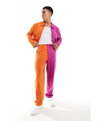 ASOS DESIGN smart colour block barrel leg pants in orange and pink (part of a set)