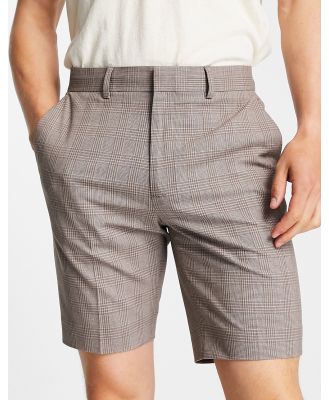 ASOS DESIGN smart slim shorts with prince of wales check in dark stone-Brown