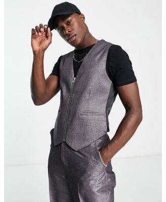 ASOS DESIGN smart zip through waistcoat in shimmer texture in silver (part of a set)