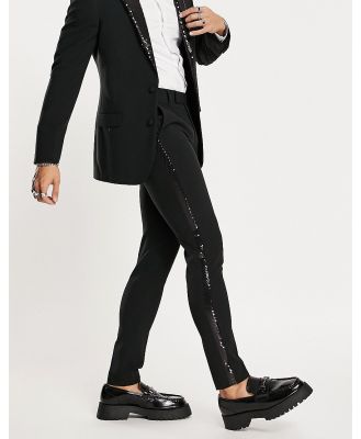 ASOS DESIGN super skinny tuxedo pants in black with black sequin lapel