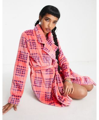 ASOS DESIGN super soft check fleece midi robe in pink-Red