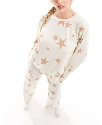 ASOS DESIGN super soft star long sleeve top & pants pyjama set in cream-White