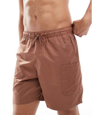 ASOS DESIGN swim shorts in mid length with cargo pocket detail in brown