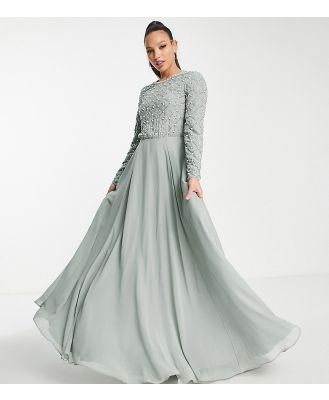 ASOS DESIGN Tall Bridesmaid maxi dress with long sleeve in pearl and beaded embellishment in olive-Green