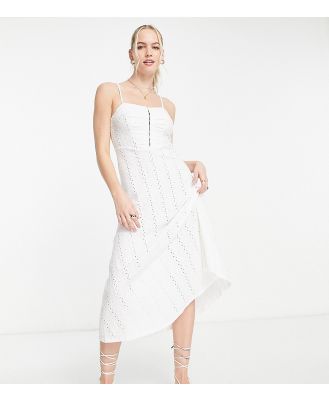 ASOS DESIGN Tall broderie strappy midi tea dress with hook and eye detail in white