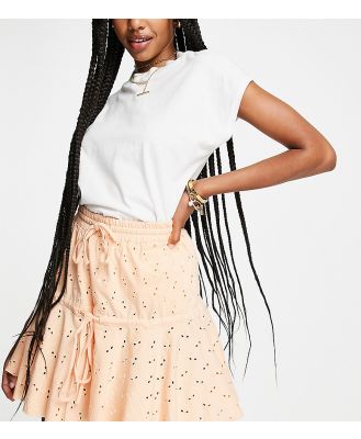 ASOS DESIGN Tall broderie tiered mini skirt with tie detail in apricot-Orange