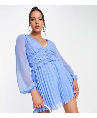 ASOS DESIGN Tall button through ruched waist pleated mini dress in metallic dobby in cornflower blue