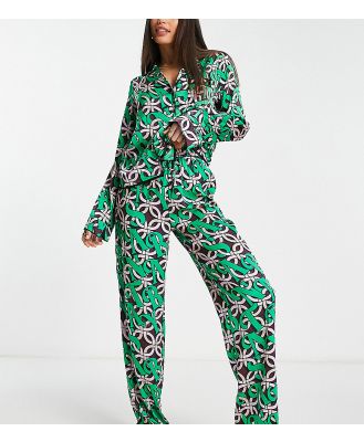 ASOS DESIGN Tall Christmas santa baby satin shirt & pants pyjama set in green & pink-Multi