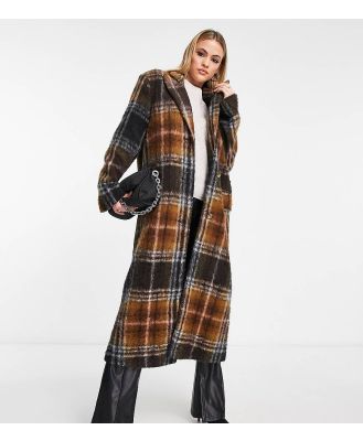 ASOS DESIGN Tall dad wool mix coat in brushed check in brown