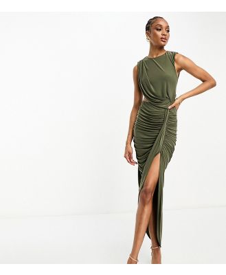 ASOS DESIGN Tall draped midi dress with invisible mesh in khaki-Green