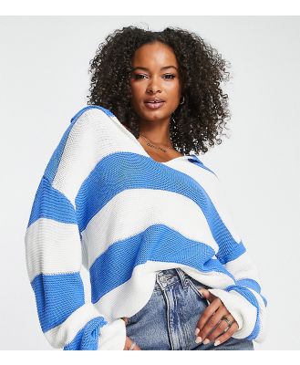 ASOS DESIGN Tall jumper with open collar in textured blue stripe