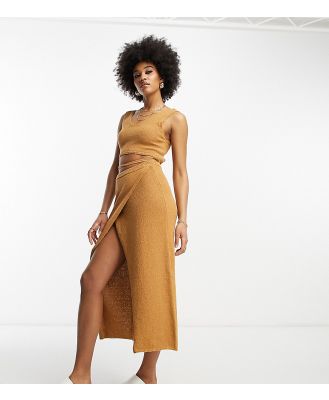 ASOS DESIGN Tall knitted midi skirt with wrap detail in textured yarn in camel (part of a set)-Neutral