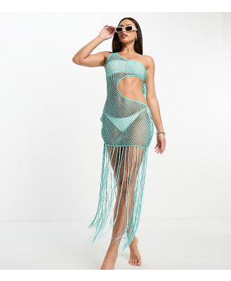 ASOS DESIGN Tall light knit one shoulder midi beach dress with fringing in aqua blue