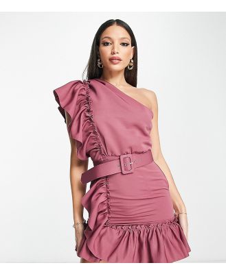 ASOS DESIGN Tall one shoulder detail belted frill mini dress in berry-Red