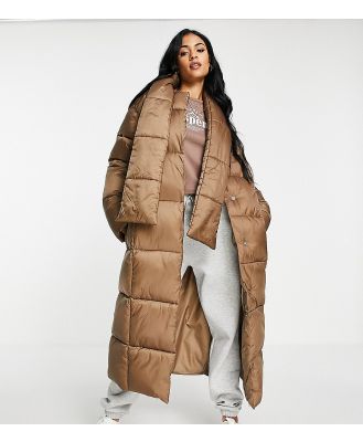 ASOS DESIGN Tall oversized puffer jacket with scarf in dark camel-Neutral