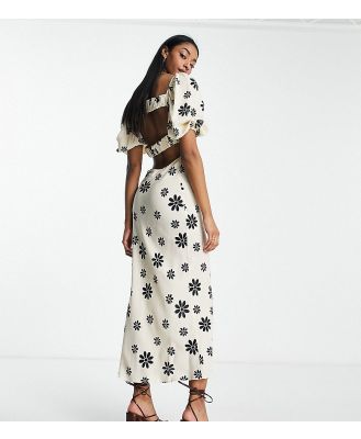 ASOS DESIGN Tall square neck midi dress with elastic detail in cream and black floral print-Multi