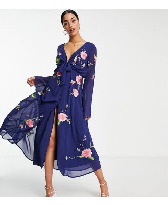 ASOS DESIGN Tall tie front button through midi dress with floral embroidery in navy