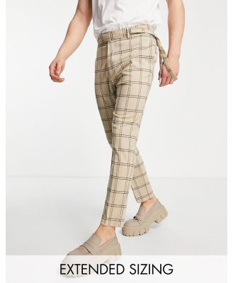 ASOS DESIGN tapered pants with side belt in stone window check-Neutral