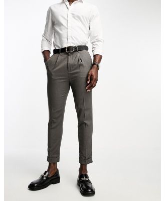 ASOS DESIGN tapered turnup smart pants in brown texture-Neutral