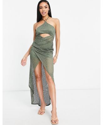 ASOS DESIGN textured halter cut out wrap maxi dress in olive-Green