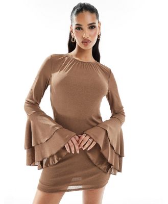 ASOS DESIGN textured long sleeve frill cuff mini dress in brown-Multi