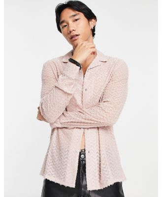 ASOS DESIGN textured tinsel shirt with revere collar in soft pink